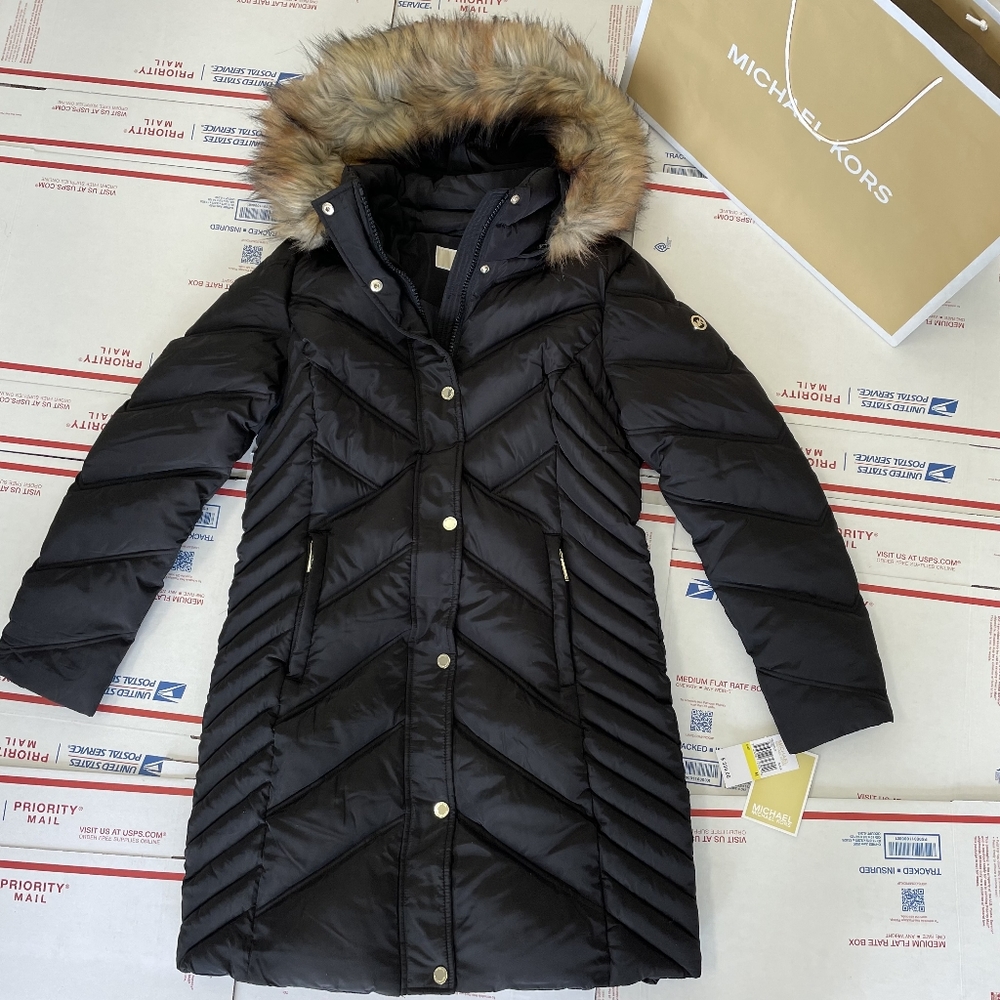 NWT Michael Kors Black MK Mid-Length Fur Puffer Jacket  Designer Coat XL - Picture 2 of 11